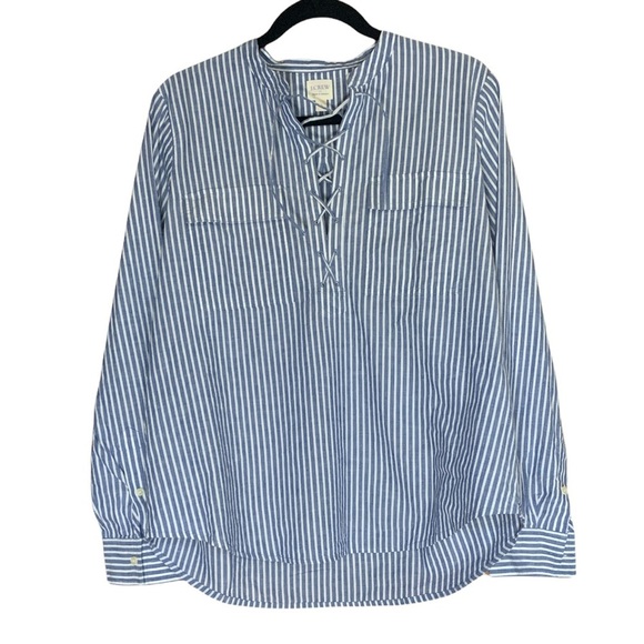 J. Crew Striped Lace-Up Long Sleeve Blouse Blue White Casual Linen Blend Sz M - Picture 2 of 6